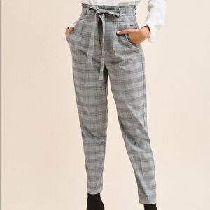 𝅺dynamite plaid gray high waist belt pinstripes paper bag pants